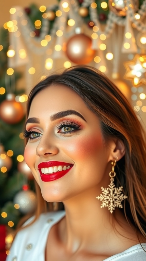 Festive Christmas makeup with red lips and shimmering eyes, set against holiday decorations.
